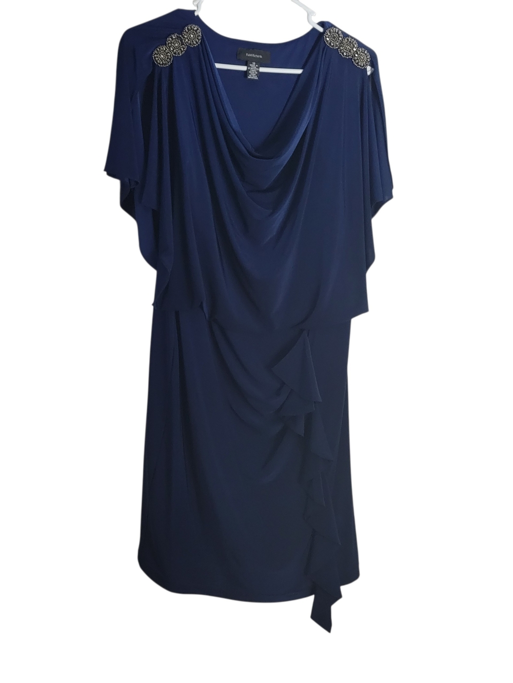 R&M Richards Navy Draped Cocktail Dress with Beaded Shoulders